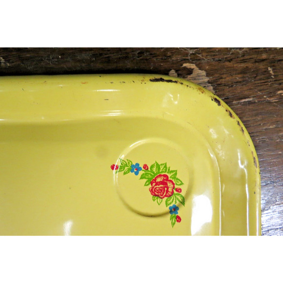 2 Mid Century Metal TV Lap Trays - Vintage Yellow Floral Roses 10.75" - Picture 3 of 4